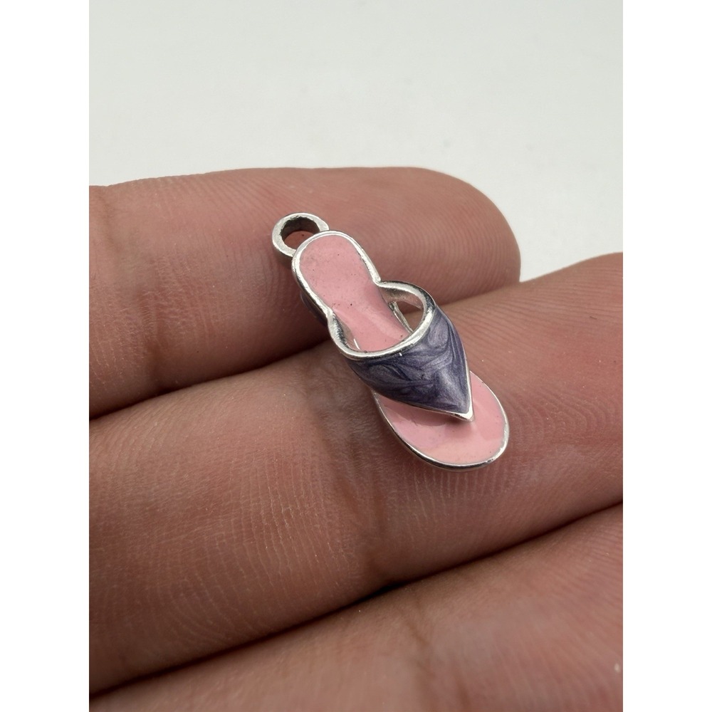 Vintage 925 Sterling Silver Pink And Purple Enamel Sandal Charm Pendant